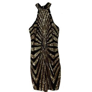 Xtaren Sequin Halter Cocktail Dress - Black/Gold - Size S